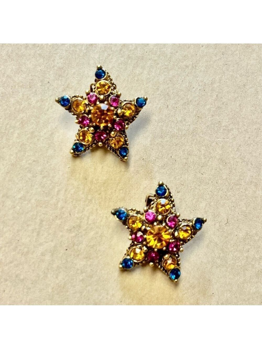 Thelma Deutsch unsigned Gold and Blue single Star clip-on Earrings vintage glam